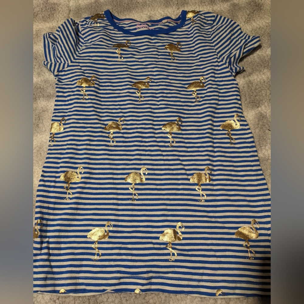 Mini Boden Blue and White Striped Dress with Gold Flamingos Size 13-14